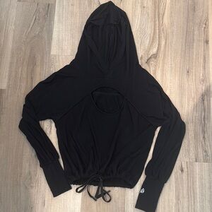 Black Cropped Hoodie with Long Sleeves and Tie Front